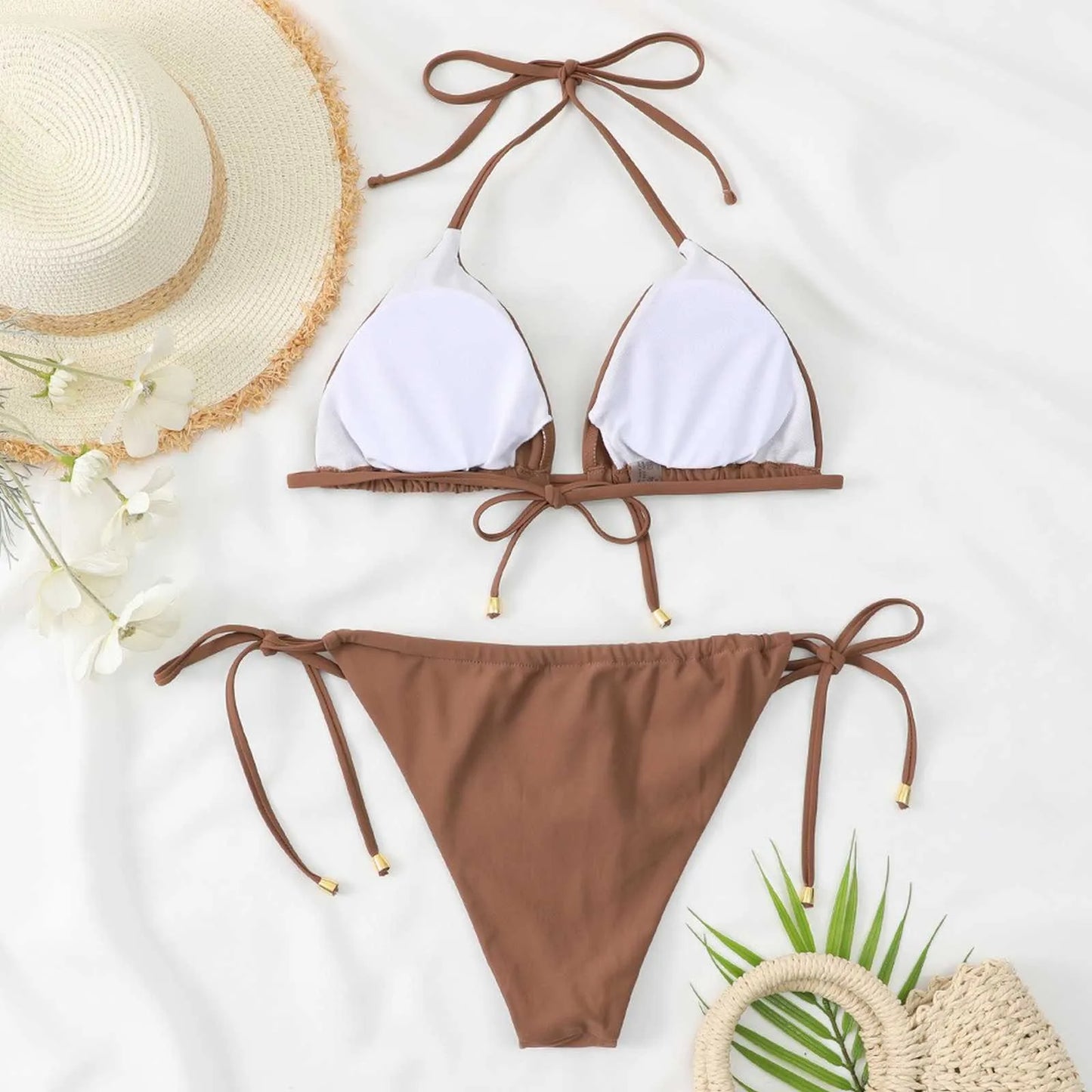 New Brown Bikini, Belt Chest Pad No Steel Support Fashion Set Sexy Tie Split Backless