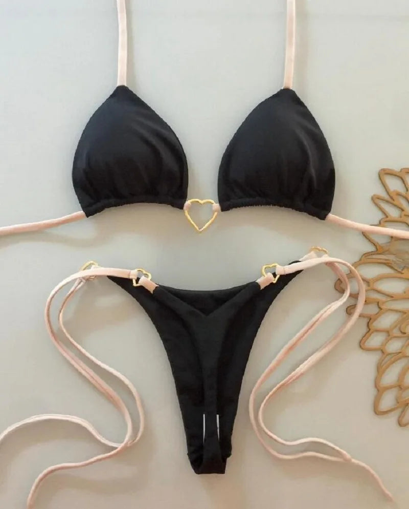 Sexy Halter Solid color Bikini Set Triangle Thong Brazilian