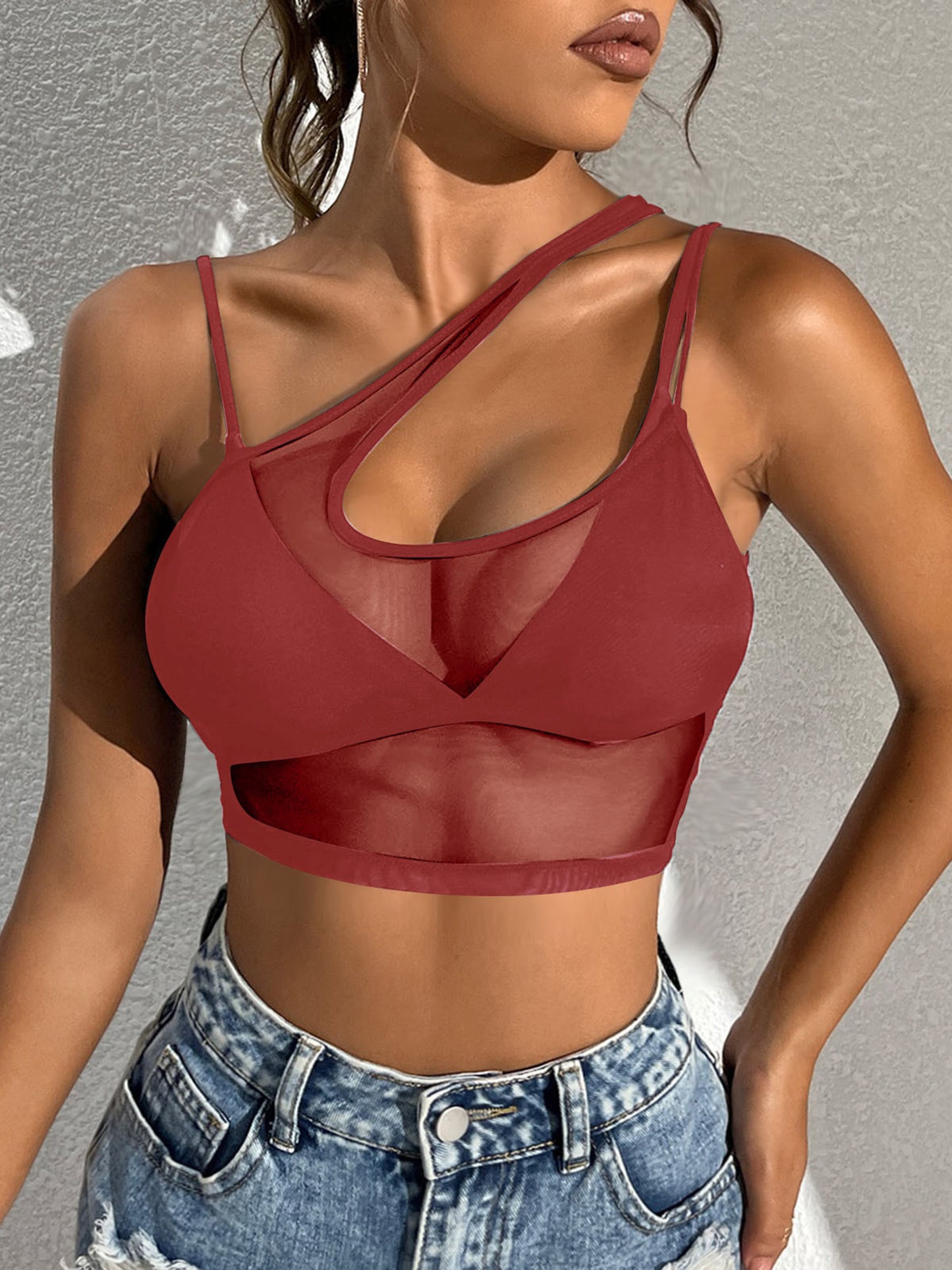 Womens Sexy See Through Mesh Crop Top One Shoulder Double Straps Solid Cover Up Top Tank Top for Club Swimwear Street Look