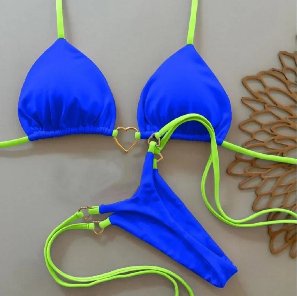 Sexy Halter Solid color Bikini Set Women's Swimsuit Two-piece Triangle Thong