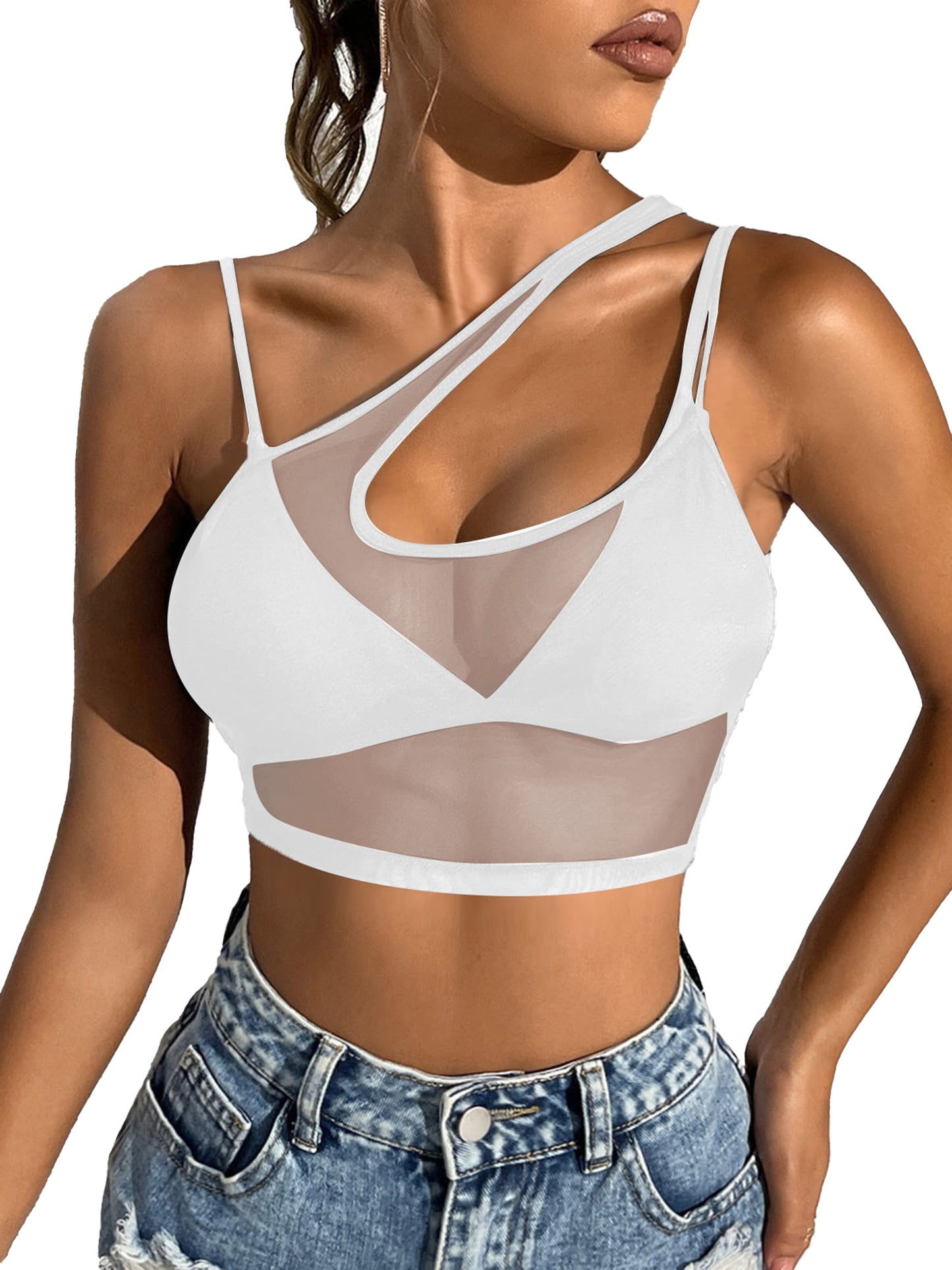 Womens Sexy See Through Mesh Crop Top One Shoulder Double Straps Solid Cover Up Top Tank Top for Club Swimwear Street Look