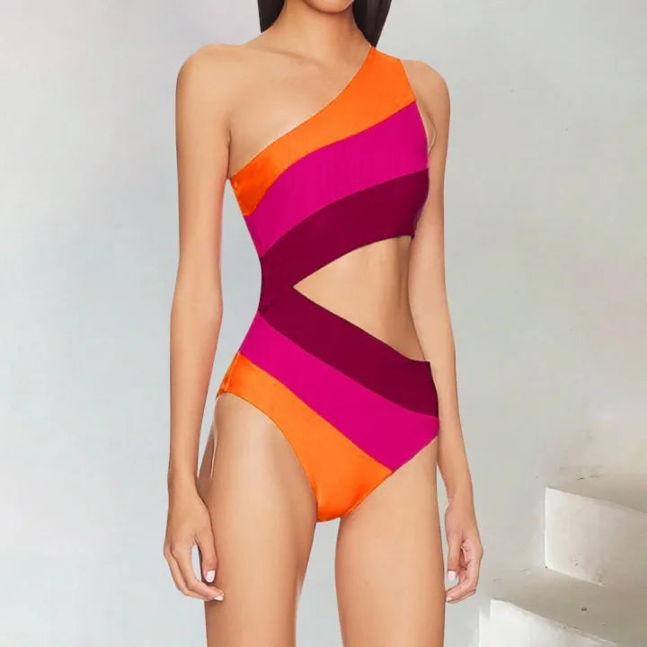 Cutout Color Block Swimwear One Shoulder New Beach Strappy Bikini