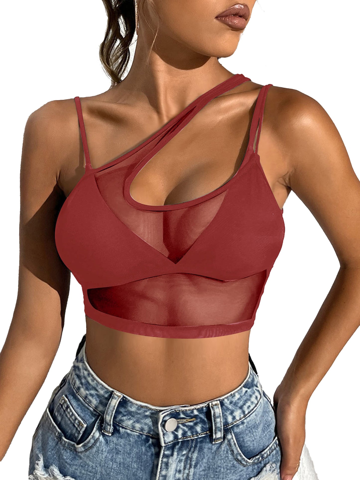 Womens Sexy See Through Mesh Crop Top One Shoulder Double Straps Solid Cover Up Top Tank Top for Club Swimwear Street Look