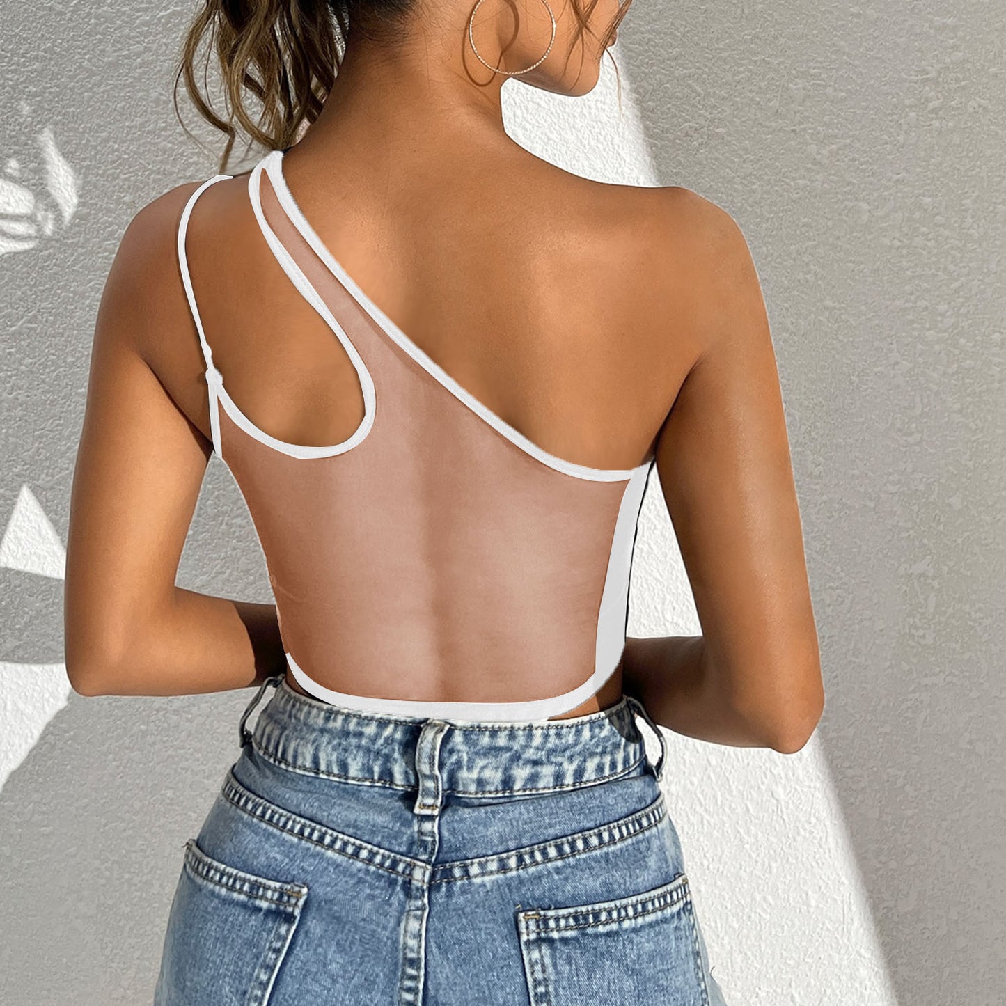 Womens Sexy See Through Mesh Crop Top One Shoulder Double Straps Solid Cover Up Top Tank Top for Club Swimwear Street Look