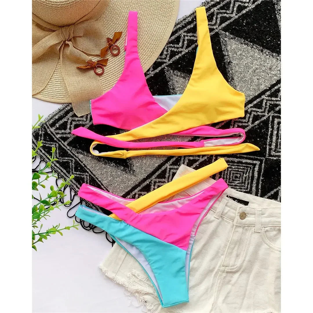 S -XL Splicing Retro Bikini Female Swimsuit Asymmetric Mid Waist