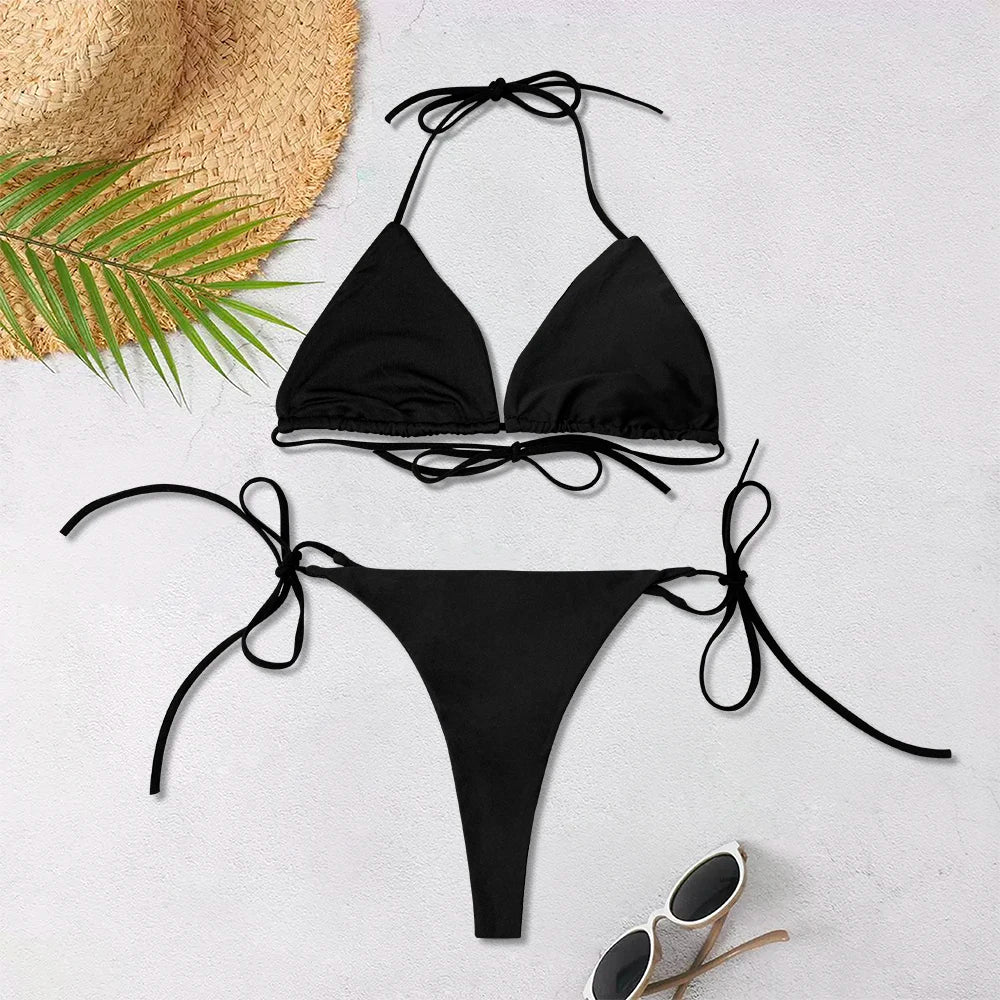 New Women's Solid-color Separate Beach Wear Sexy Halter Three-point Bikini Backless Adjustable Lace-up Swimsuit