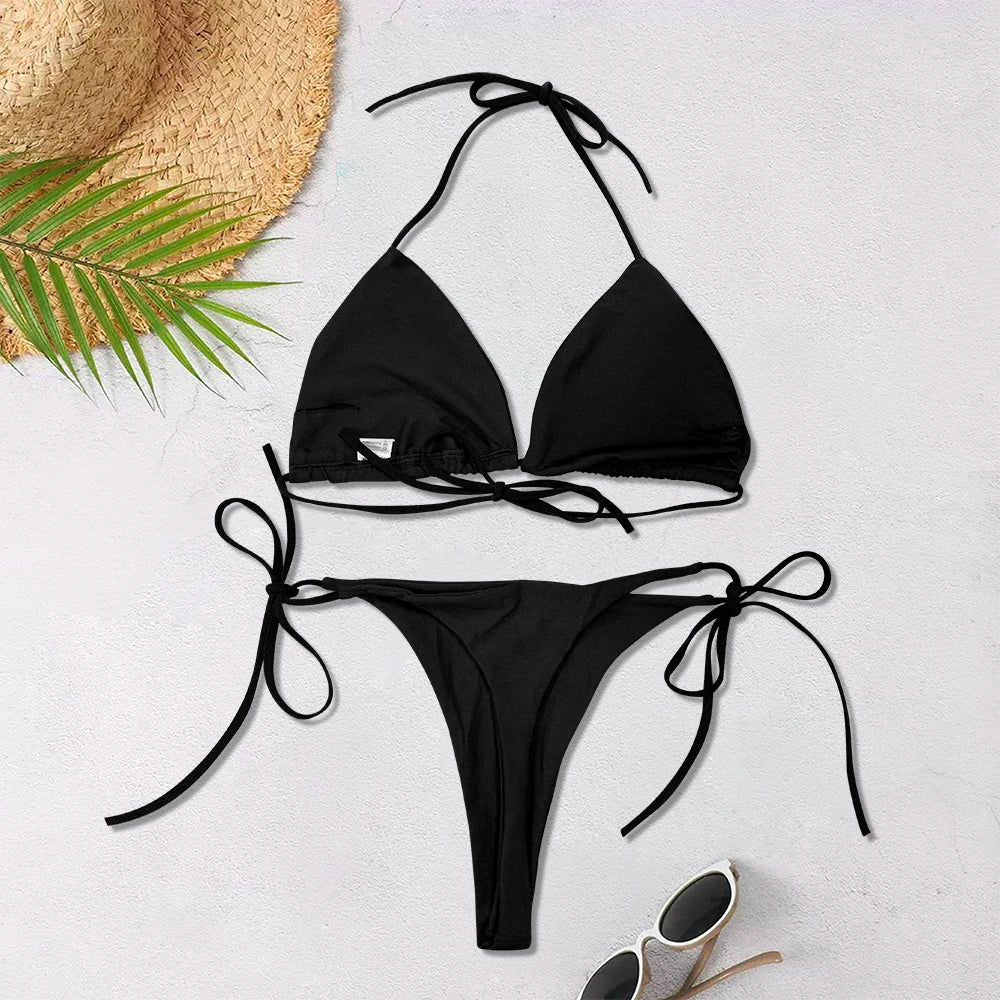 New Women's Solid-color Separate Beach Wear Sexy Halter Three-point Bikini Backless Adjustable Lace-up Swimsuit