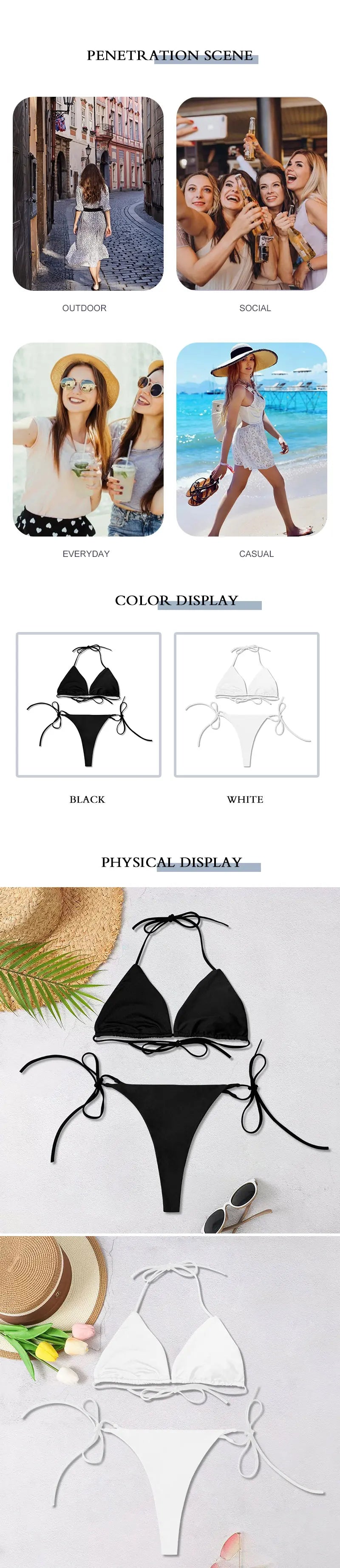 New Women's Solid-color Separate Beach Wear Sexy Halter Three-point Bikini Backless Adjustable Lace-up Swimsuit