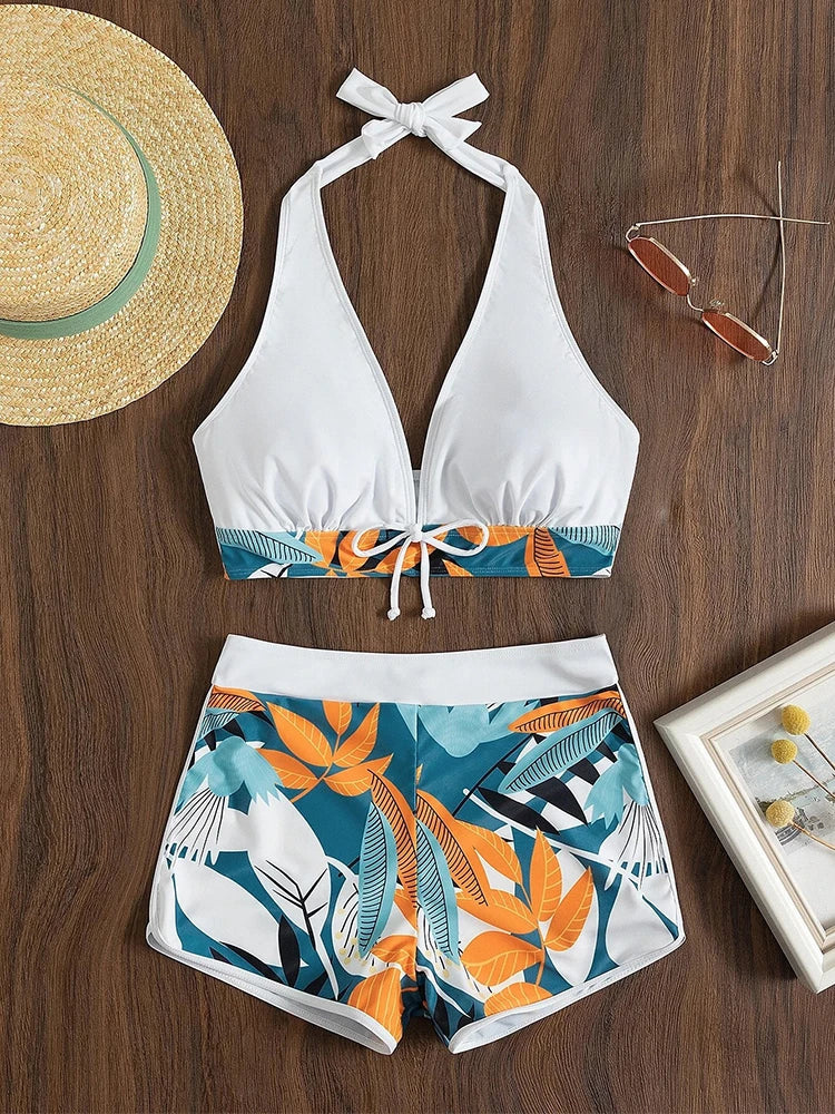 Halter Bikini Set High Waist Swimwear Printed Beachwear