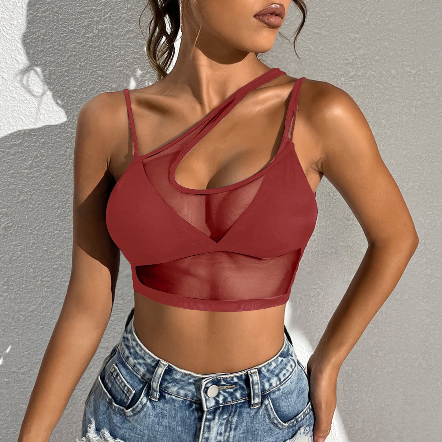 Womens Sexy See Through Mesh Crop Top One Shoulder Double Straps Solid Cover Up Top Tank Top for Club Swimwear Street Look