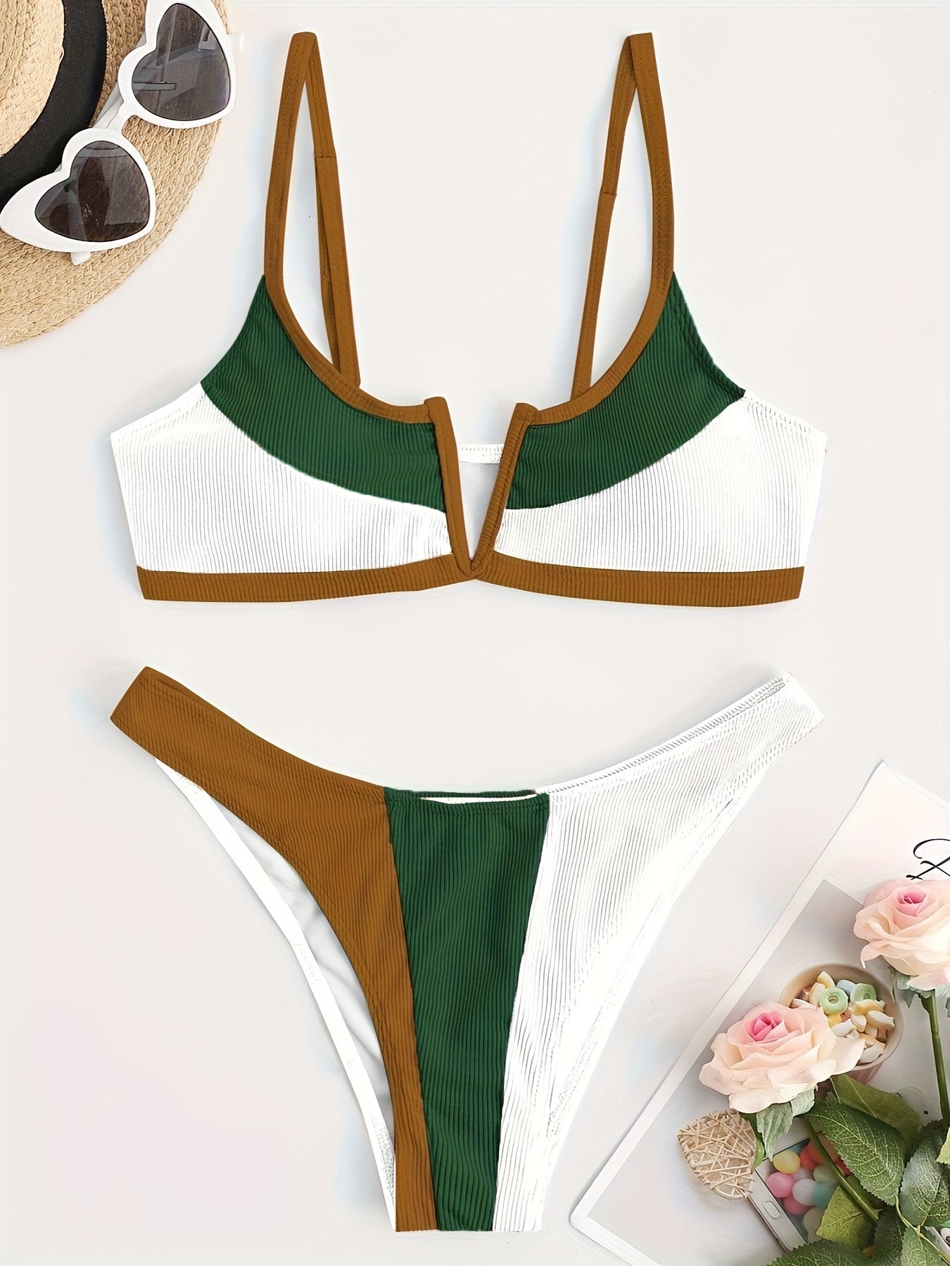 ZAFUL Contrast Color Rib-Knit 2 Piece Set Bikini, V Neck High Cut Sexy Swimsuits, Women's Swimwear & Clothing