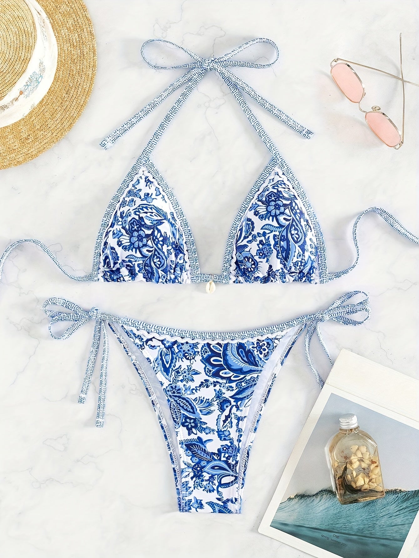 European And American New Split Print Chinese Style Sexy Handmade Shell Tether Bikini Seaside Vacation